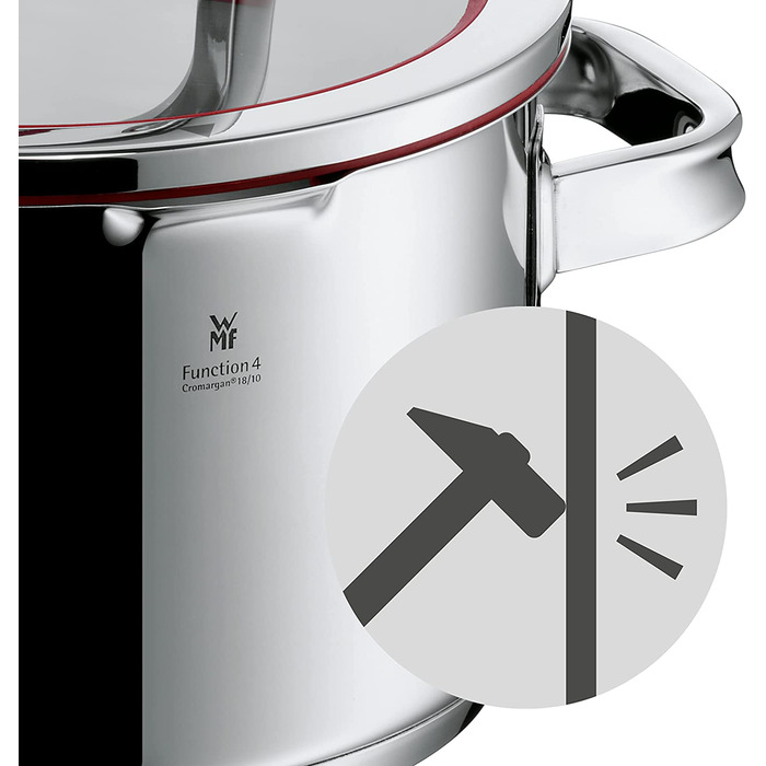 Каструля WMF Function 4, 16 см, з кришкою, 1,4 л, з нержавіючої сталі Cromargan, індукційна, з 4 функціями зливу, з внутрішньою шкалою, червона
