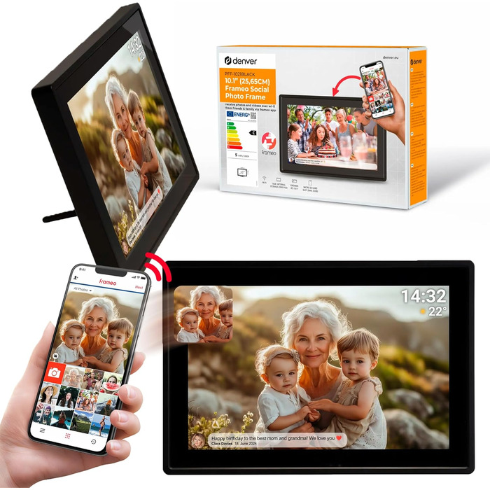 Denver PFF1021 Цифровий фоторамка з Wi-Fi, 10.1 дюйма, 16GB, IPS сенсорний екран, FRAMEO App, автоповорот, Micro SD слот, чорний