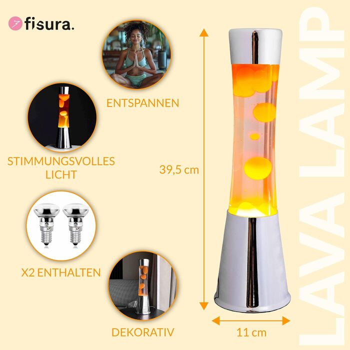 Декоративна лава-лампа FISURA помаранчева, срібляста хромована основа, 39.5 см, з запасною лампою