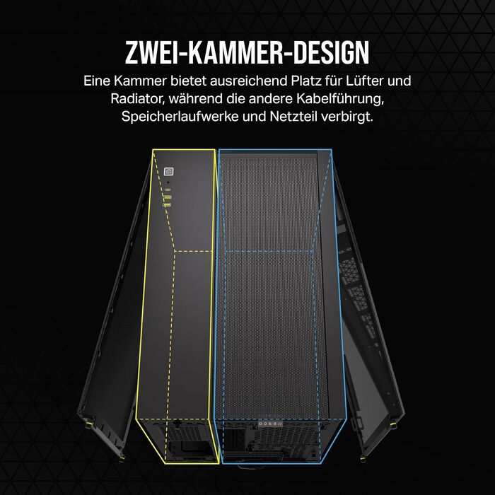 CORSAIR 2500X корпус для ПК mATX, подвійна камера, загартоване панорамне скло, сумісний з реверсивним підключенням материнської плати, без вентиляторів, чорний