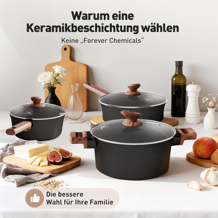 Набір посуду Kitchen Academy з антипригарним покриттям для індукції, 10 предметів: каструлі та сковороди з керамічним покриттям та скляними кришками