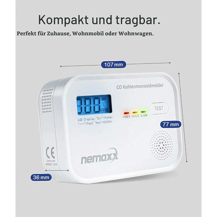 Детектор чадного газу NEMAXX® CM18 з LCD-дисплеєм, електрохімічний сенсор, 85 дБ, стандарт EN 50291-1:2018, термін служби 10 років (набір 2 шт.)