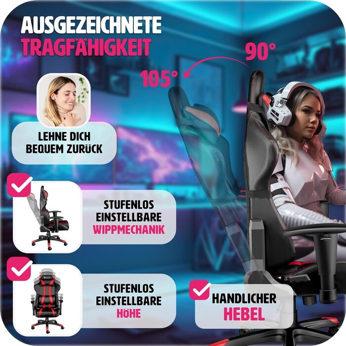 Ергономічне крісло для геймерів tectake, чорне, з регульованою спинкою та підлокітниками, з подушкою для шиї та підтримкою попереку, офісне ігрове крісло, 360° обертання