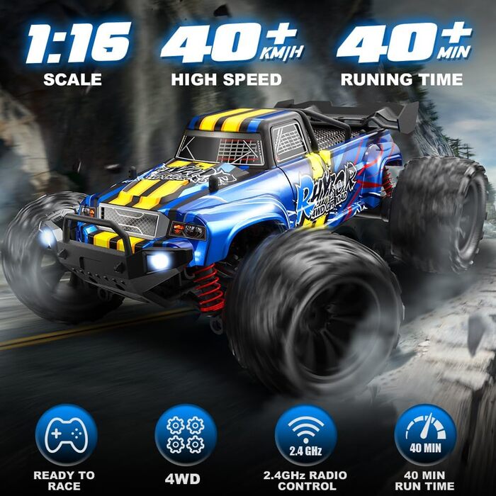 Радіокерований позашляховик Monstertruck 1:16 4WD 40 км/год для дітей та дорослих 8+