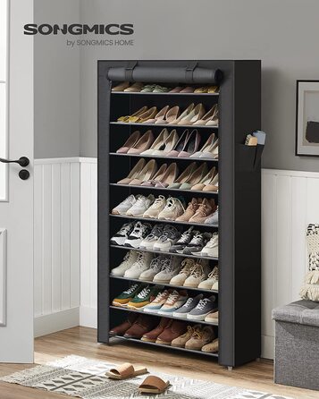SONGMICS металевий стелаж для взуття на 10 рівнів, 28x88x160 см, з пилозахисним чохлом, органайзер для взуття, для підборів і спортивного взуття, чорний
