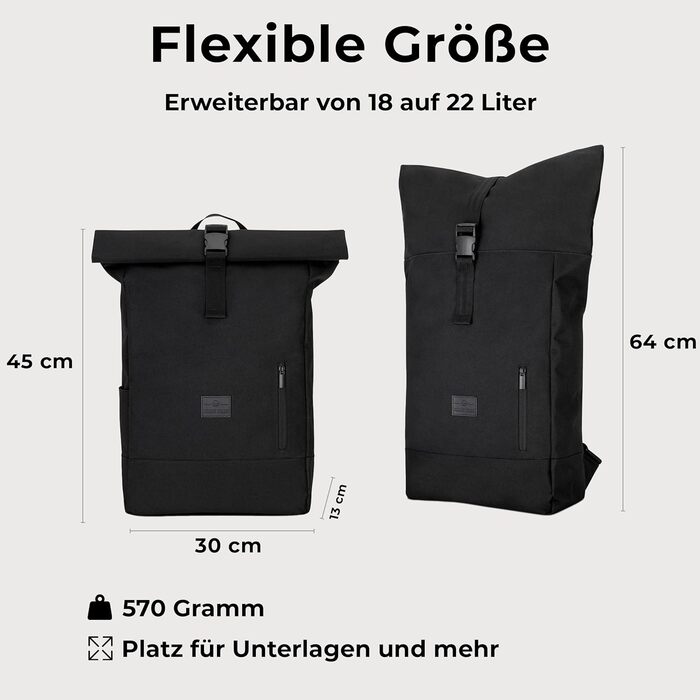 Рюкзак Johnny Urban Robin Large Rolltop для жінок і чоловіків, міський, водонепроникний, 18-22 л, відділення для ноутбука 16”, з переробленого PET, чорний