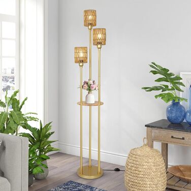 Торшер Rayofly Gold із ротангу з полицею, 3 лампи, сучасний торшер для вітальні, спальні та офісу, бохо стиль, золотий, з підлоговим вимикачем