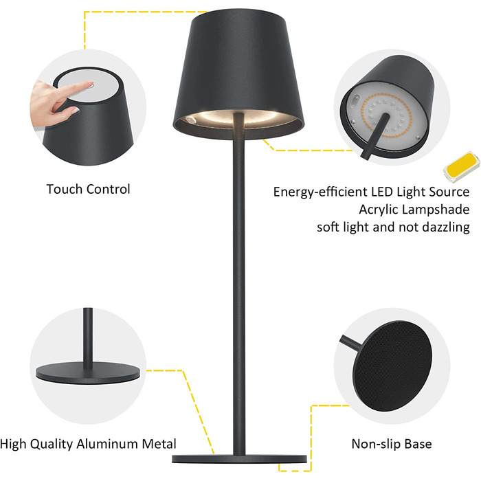 K-Bright LED акумуляторна димована настільна лампа, 2 шт, бездротова, алюміній, IP54, тепле світло 3000K+RGB, USB-C, антрацит