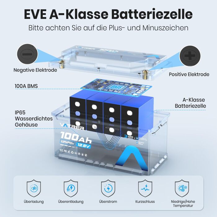 LiFePO4 акумулятор VATRER POWER 12V 300Ah з системою самопідігріву (LN5, 100Ah)
