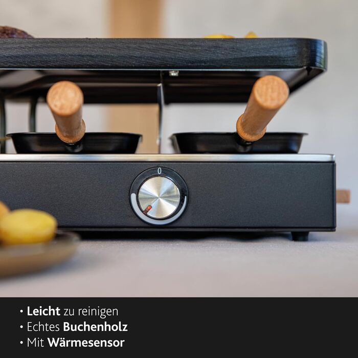 Рашетт BOSKA Raclette Gourmet Party на 8 осіб – гриль з керамічною поверхнею, ручки з бука, поворотна алюмінієва пластина, чорний колір