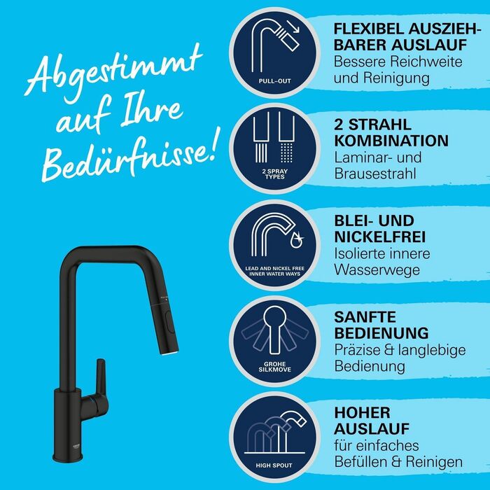 Змішувач кухонний GROHE Start 2 режими, висувна лійка, поворотний на 360°, економія води, чорний матовий 306312430