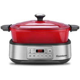 Мультиварка Homtone 6-в-1, 5.5L з керамічним покриттям, червона. Повільне приготування, смаження, варіння на пару