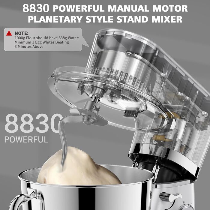 Кухонна машина POWWA 5.5L з 6 швидкостей, 1500W, для замішування тіста, з міксером, гаком для тіста та захистом від бризок (срібна)