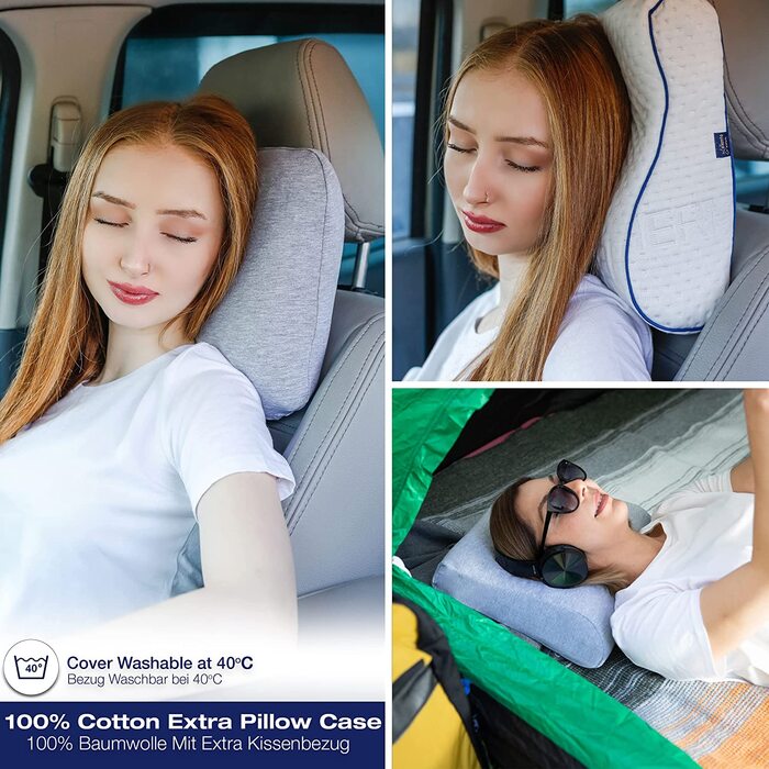 Подушка для подорожей Alkamto з ергономічною формою, memory foam, температурний контроль, додатковий бавовняний чохол, сумка для транспортування, 35x30x10/8 см, біла, для кемпінгу та сну
