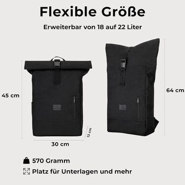 Рюкзак Johnny Urban Robin Large Rolltop для жінок і чоловіків, міський, водонепроникний, 18-22 л, відділення для ноутбука 16”, з переробленого PET, чорний