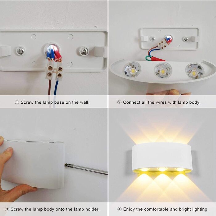 Світильник настінний LED Lightsjoy для внутрішнього та зовнішнього використання, білий, сучасний дизайн, захист IP65, алюміній, 6x120° кут розсіювання, тепле світло