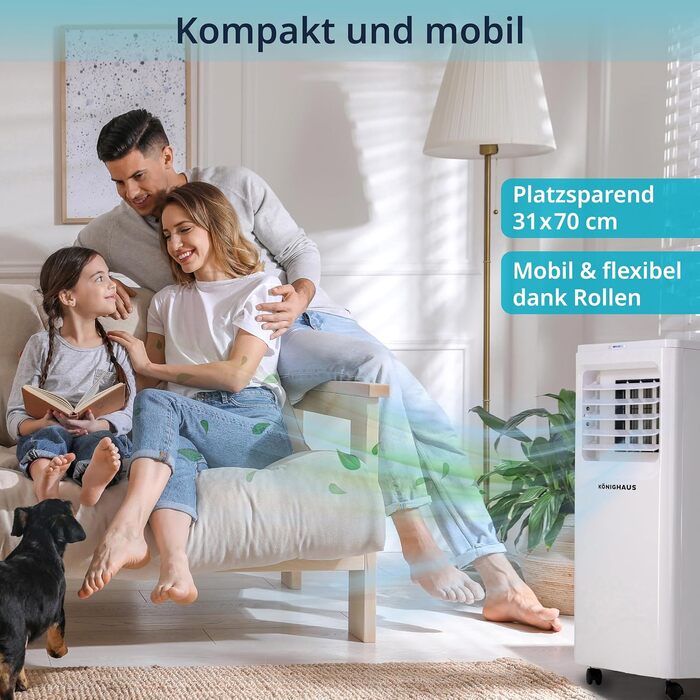 Мобільний кондиціонер Könighaus 7000 BTU для кімнат до 20 м²: 4-в-1 (охолодження, осушення, вентилятор, очищення повітря) з пультом та керуванням через додаток, енергоефективний (A)