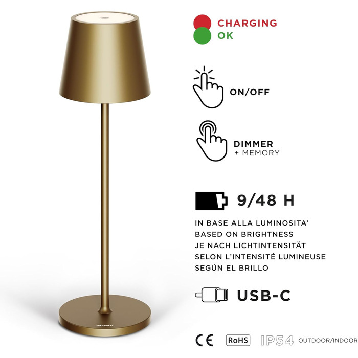 Світлодіодна настільна лампа Stilosa Classica 3, димована, акумуляторна, IP54, для дому та вулиці, дизайнерська, тепле світло, USB-C, темне золото, кругла основа, 38 см