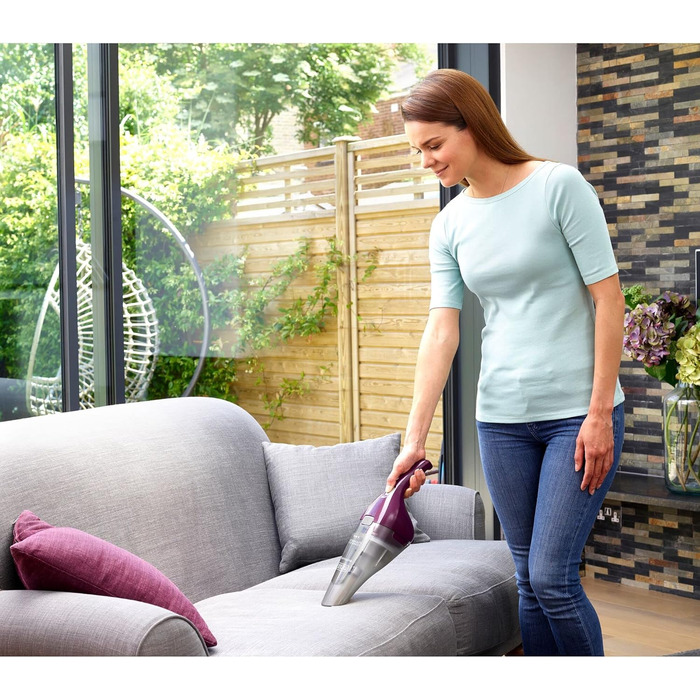 Акумуляторний ручний пилосос BLACK+DECKER Dustbuster 3.6В, безмішковий, бездротовий, широка насадка, знімний контейнер, зарядна станція з кріпленням на стіну, колір баклажан