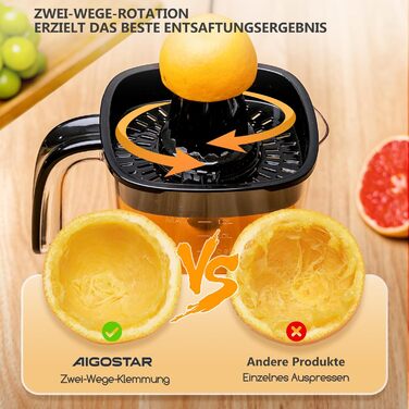 Aigostar Juicy електрична цитрусова соковижималка 1,2 л з LED-підсвіткою, 2 конуси, для апельсинів, лимонів, лаймів, грейпфрутів, 40 Вт, підходить для посудомийної машини