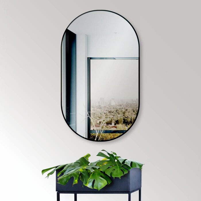 Дзеркало настінне овальне HOKO Design 45 x 75 см з металевим матовим каркасом. Можлива вертикальна та горизонтальна установка. Підходить для ванної кімнати, коридору, спальні, вітальні.