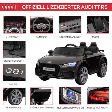 Електромобіль Kinder Audi з пультом дистанційного керування 2.4G, музикою, звуком клаксона, LED-підсвічуванням, USB-роз'ємом, для дітей 3-5 років, чорного кольору.