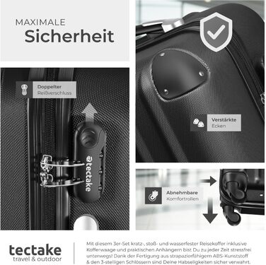 Набір валіз Tectake 3 шт. з ваговою та ідентифікатором, M-L-XL, ABS, чорний