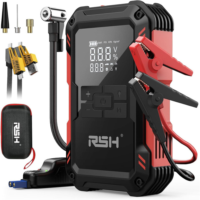Пусковий пристрій RSH 4000A Jump Starter з компресором 150 PSI, бустер для авто 12V (бензин до 9.0L, дизель до 6.5L), Powerbank 10000 mAh та LED-ліхтарем, 4-в-1