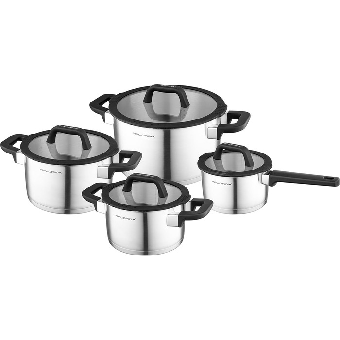 Набір каструль FLORINA CHEF 8 предметів з нержавіючої сталі, багатофункціональні кришки, мірний стакан, 5-шаровий дно, підходить для індукції, газу, електроплити, можна мити в посудомийній машині