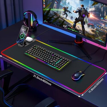 RGB ігровий килимок для миші з бездротовою зарядкою Qi 15W, LED підсвічуванням, 10 режимів, водонепроникний, протиковзкий, для геймінгу, офісу та дому (чорний)