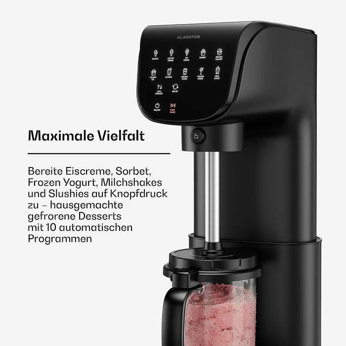 Морозивороб Klarstein Velaire, 500 Вт, 3 ємності по 0,6 л (загалом 1,8 л), 10 програм, сенсорний дисплей, для морозива, замороженого йогурту та сорбету, чорний