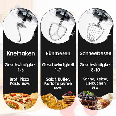 Кухонний комбайн Kitchen in the box Fab-Serie, потужний планетарний міксер 1300 Вт, 10 швидкостей, чаша 6 л, чорний (з гаком, вінчиком та мішалкою)