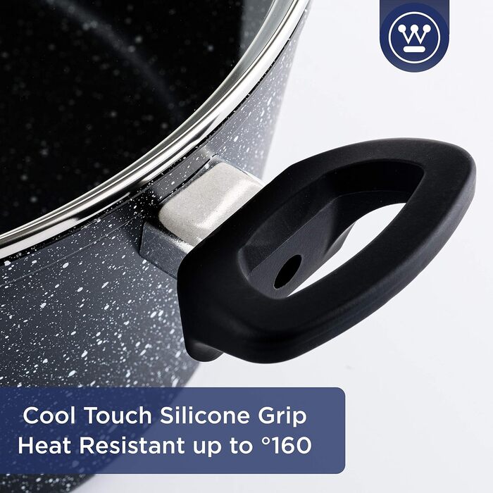 Каструля Westinghouse 28 см з кришкою, 3-шарове мармурове антипригарне покриття, литий алюміній, індукційна, силіконові ручки, чорна
