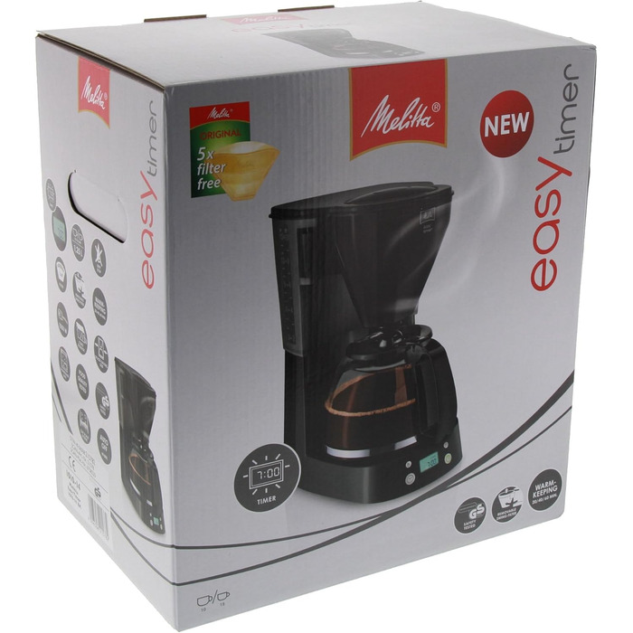 Кавоварка фільтраційна Melitta Easy Timer з таймером, скляною колбою, антикрапельною системою, 10 чашок, чорна