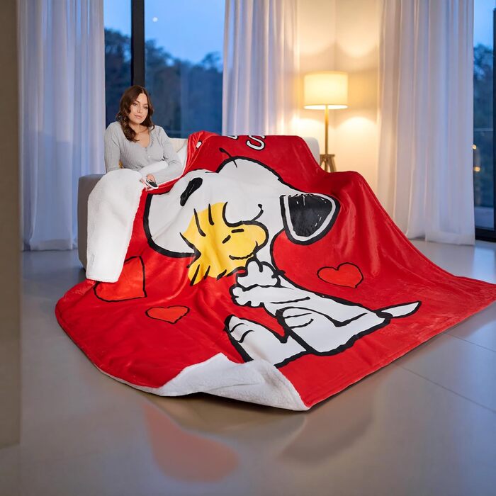 Електрична гріюча ковдра Peanuts Snoopy з м'якого флісу Sherpa, 150x200 см, 9 рівнів підігріву та таймер автовимкнення на 12 годин, червона