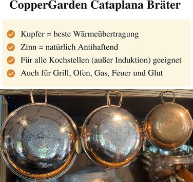 Мідний казан-катаплана CopperGarden® 18 см, ручне лудіння, португальський, для газу, вогню, гриля та духовки, ідеальна теплопровідність, молоткова обробка