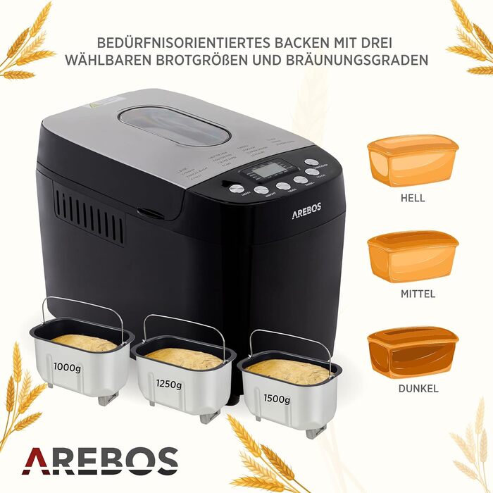 Хлібопечка Arebos 1500г | 15 програм | Таймер | LCD дисплей | 850 Вт | Чорний