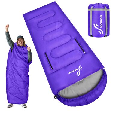 Спальний мішок Sportneer Outdoor у формі ковдри 220×85 см, з отворами для рук, вага 1.5 кг (фіолетовий, температурний режим +10...+26 °C)