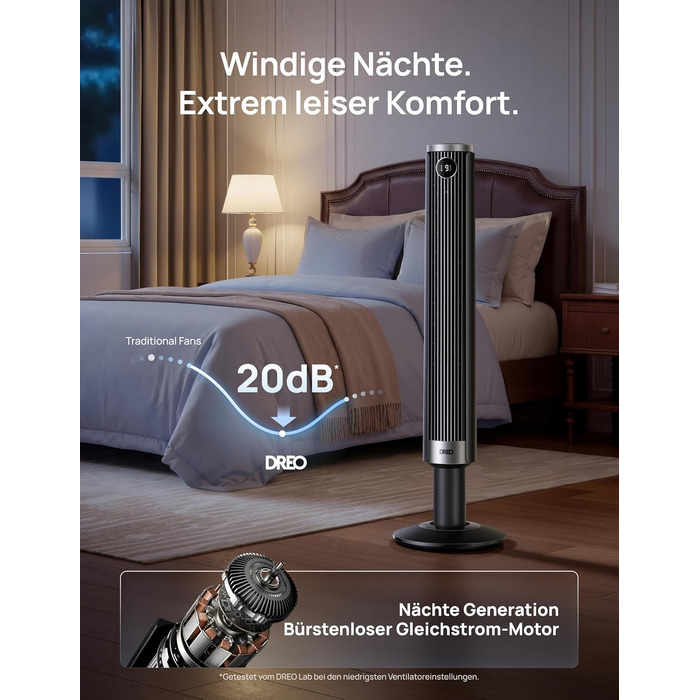 DREO Smart Tower Fan 102-114 см - Вежний вентилятор з пультом, 9 режимів, 4 режими, 90° осциляція, 12 год таймер, DC мотор, надтихий (20 дБ), для дому та офісу, чорний