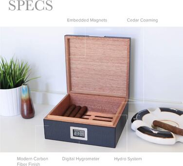 Х’юмідор CASE ELEGANCE з кедра в стилі карбон з гігрометром і зволожувачем для 25-50 сигар