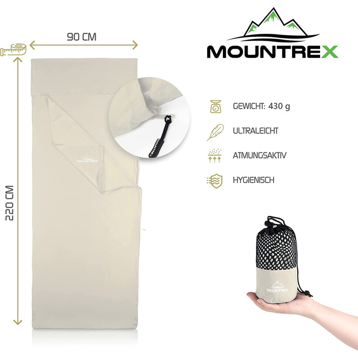MOUNTREX® Літній туристичний спальний мішок-вкладка з блискавкою, 220x90 см, для кемпінгу та дому, компактний, м'який, екрю