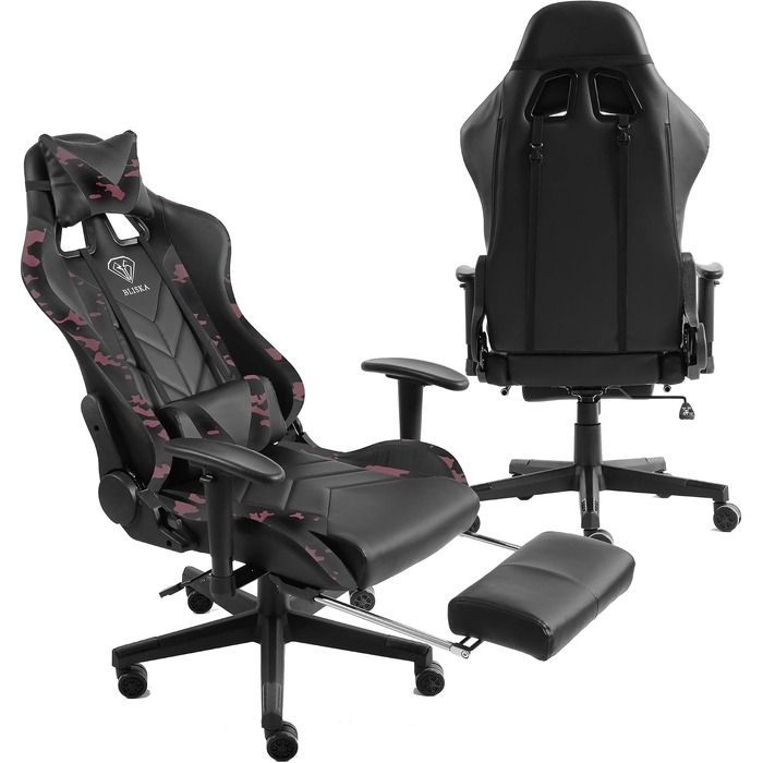Ігрове крісло Gaming Chair з підставкою для ніг, ергономічними 4D-підлокітниками та регульованою підтримкою спини, офісне крісло для геймерів, колір: Чорний/Мілітарі-Рожевий