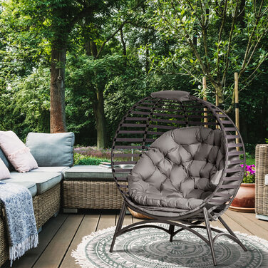 Крісло Outsunny Papasan Садове крісло 2 кошики Подушка Овальне крісло для відпочинку Складний балкон Тераса Пісок Коричневий Сталь 118x75x139см