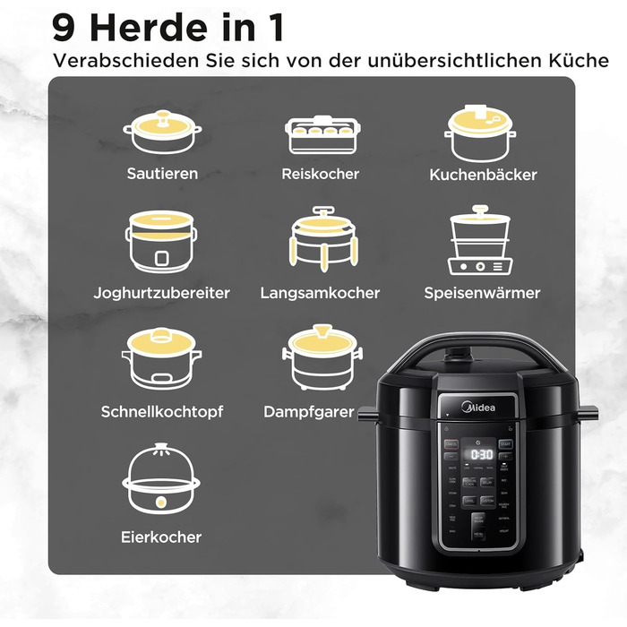 Мультиварка Midea 9-в-1, електрична, 6 л, 12 програм, антипригарний йогуртниця, рисоварка, повільноварка, пароварка, сталевий внутрішній контейнер, чорна