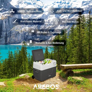 Автомобільний компресор-холодильник Arebos 39л з колесами: Електрична морозильна камера з APP, USB, -20°C (12/24V, 230V) для авто, кемпінгу, човна