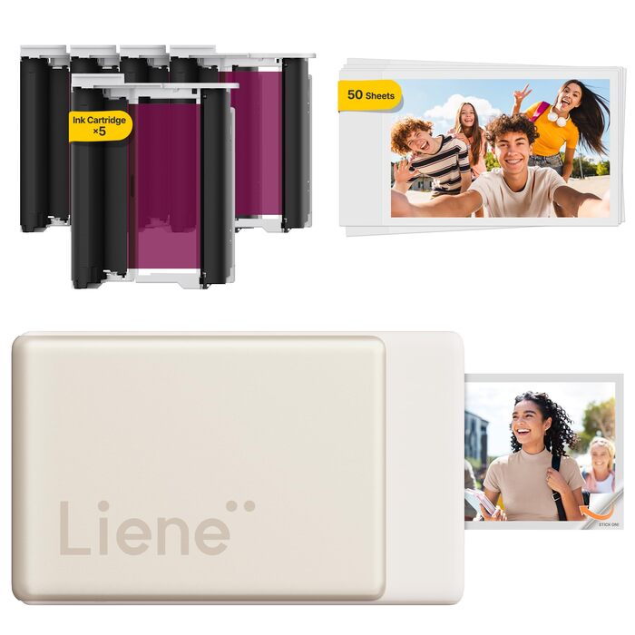 Портативний міні-фотопринтер Liene Pearl N200 Pro з кольоровою сублімацією, 50 фото (5x7,6 см), 5 стрічок, Bluetooth, 300 dpi, для iPhone & Android, акумулятор, золотий колір