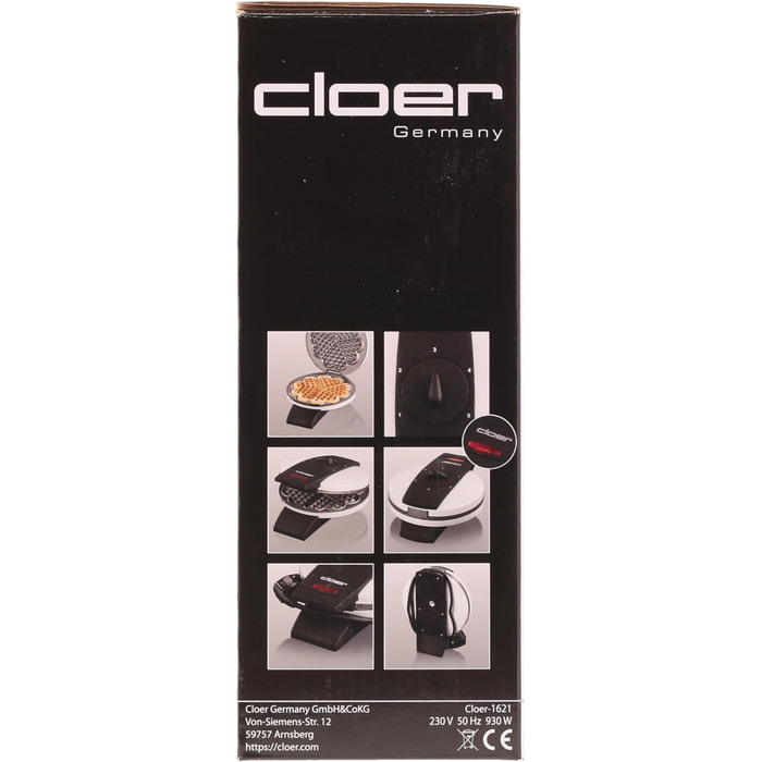 Вафельниця Cloer 1621 для класичних вафель-сердець, 930 Вт, 15,5 см, плавне регулювання підсмажування, біла, метал