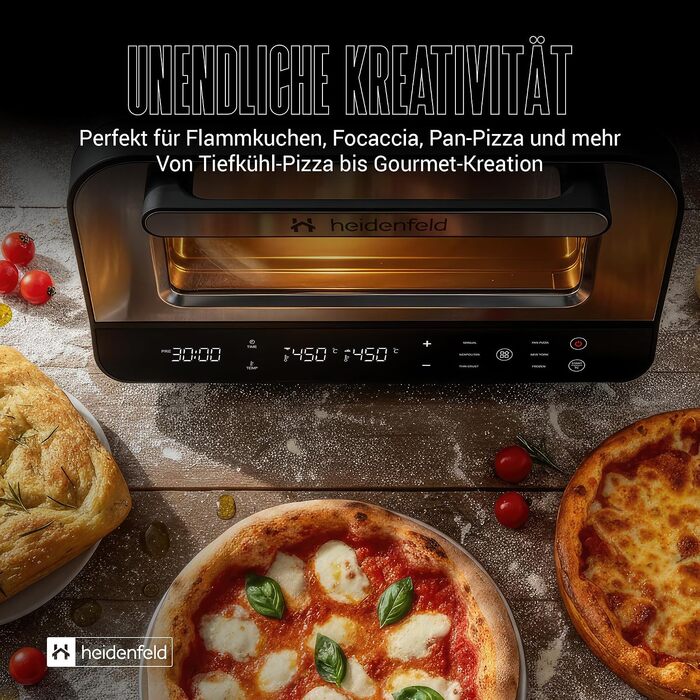 Електрична піч для піци Heidenfeld Pizzaboss, 1850 Вт, до 450°C, повний набір, сріблясто-чорний
