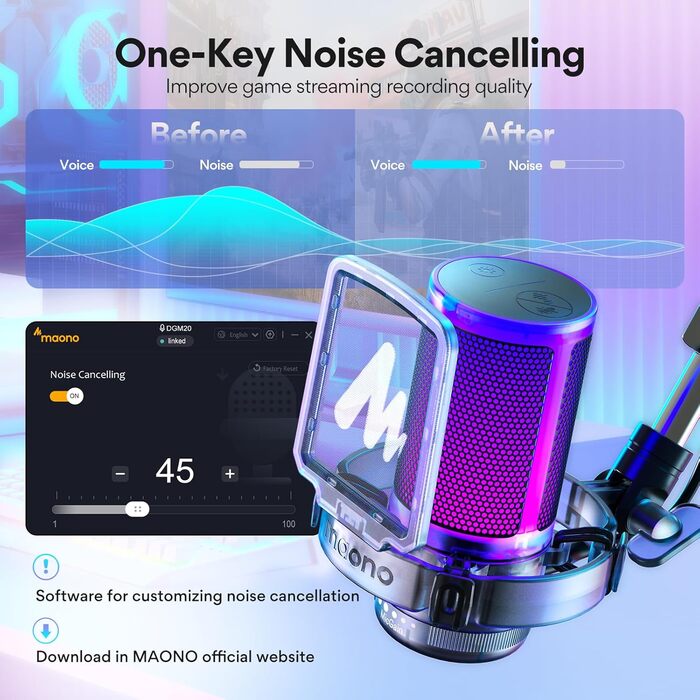 MAONO ігровий USB конденсаторний мікрофон з шумозаглушенням, RGB підсвічуванням для стрімінгу, подкастів, YouTube, Discord, Plug and Play, для ПК, Mac, PS4, PS5, DGM20S Black Crystal