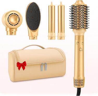 MESCOMB 5-в-1 Airstyler та Hairstyler набір: Фен з іонізацією, Автоматична плойка, Щітка для об'єму - Швидке сушіння, укладка для локонів, об'єму та вирівнювання без пошкоджень! Золотий колір